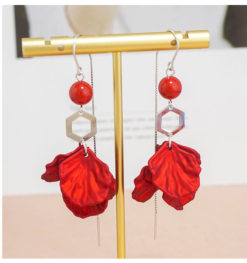 Red Petal Design Women Sterling Silver Dangle Earrings