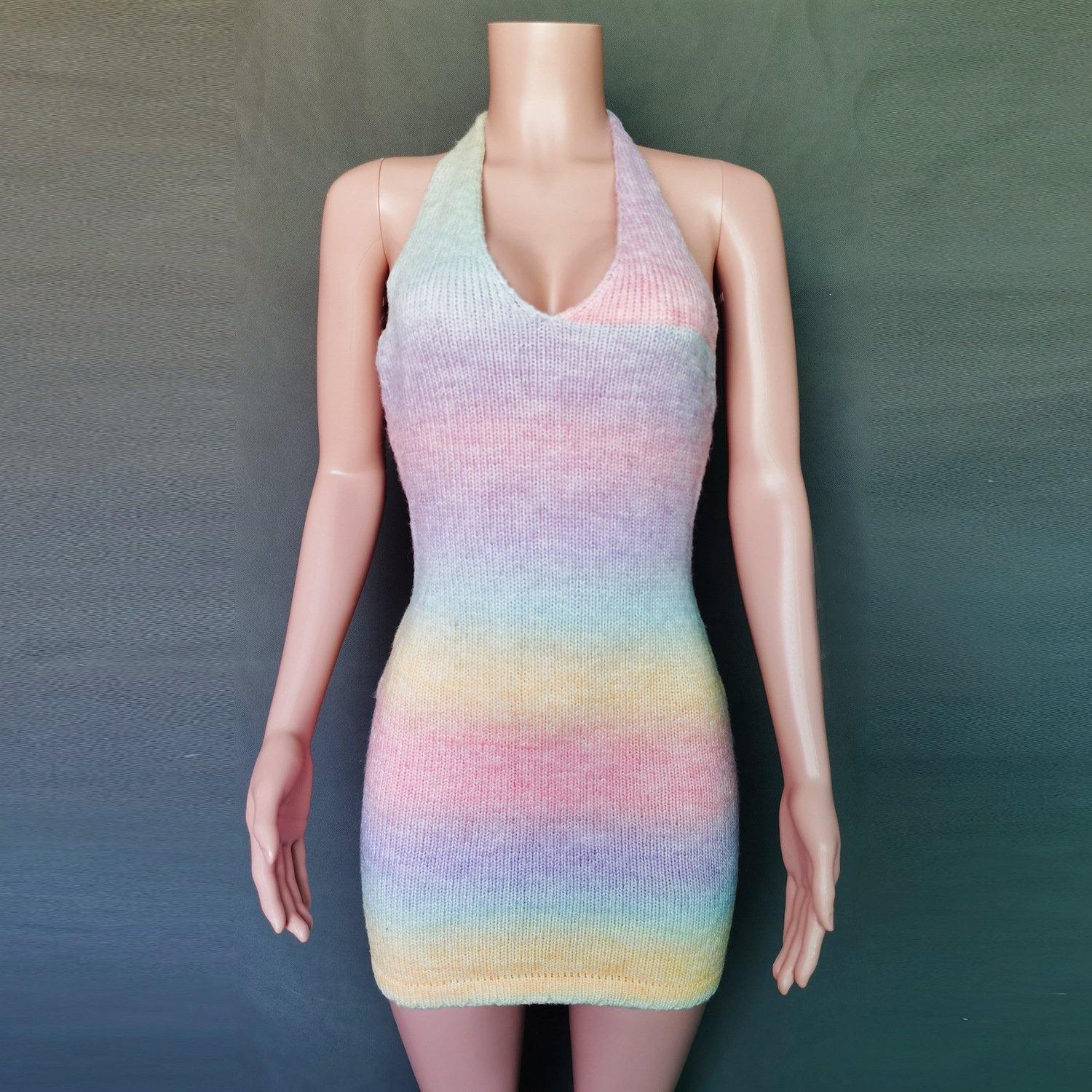 Sexy Deep V-neck Rainbow Knitting Dresses-STYLEGOING