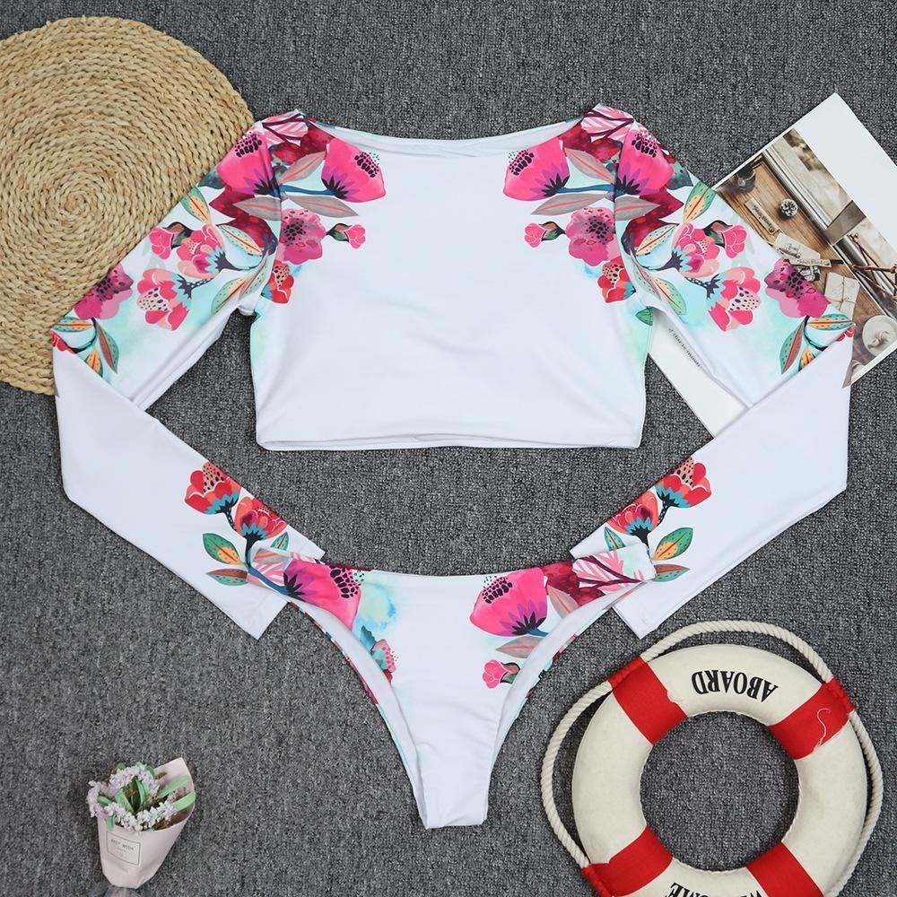 Long Sleeves Floral Print Summer Beach Tankini-STYLEGOING