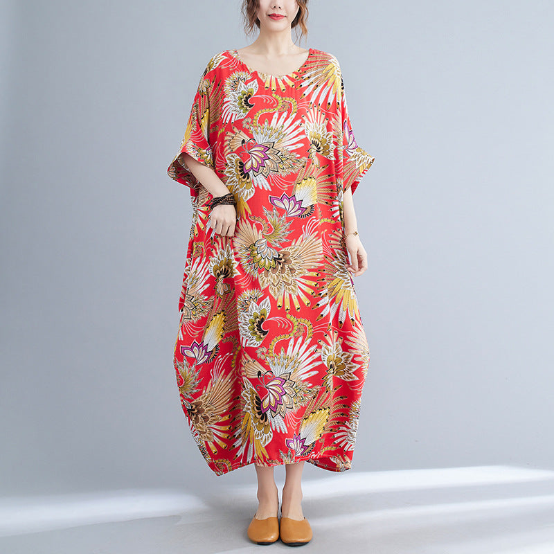 Casual Floral Print Red Plus Sizes Maxi Dresses