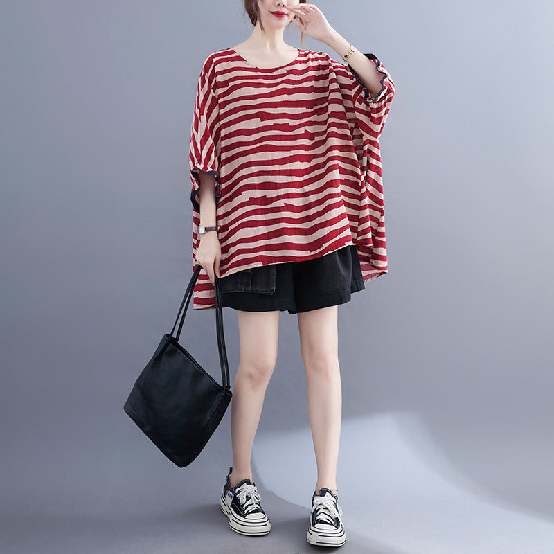 Casual Striped Summer Women Bat T Shirts and Shorts