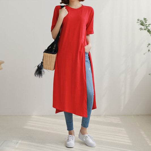 Summer Casual Split Front Short Sleeves Long T Shirts for Women
