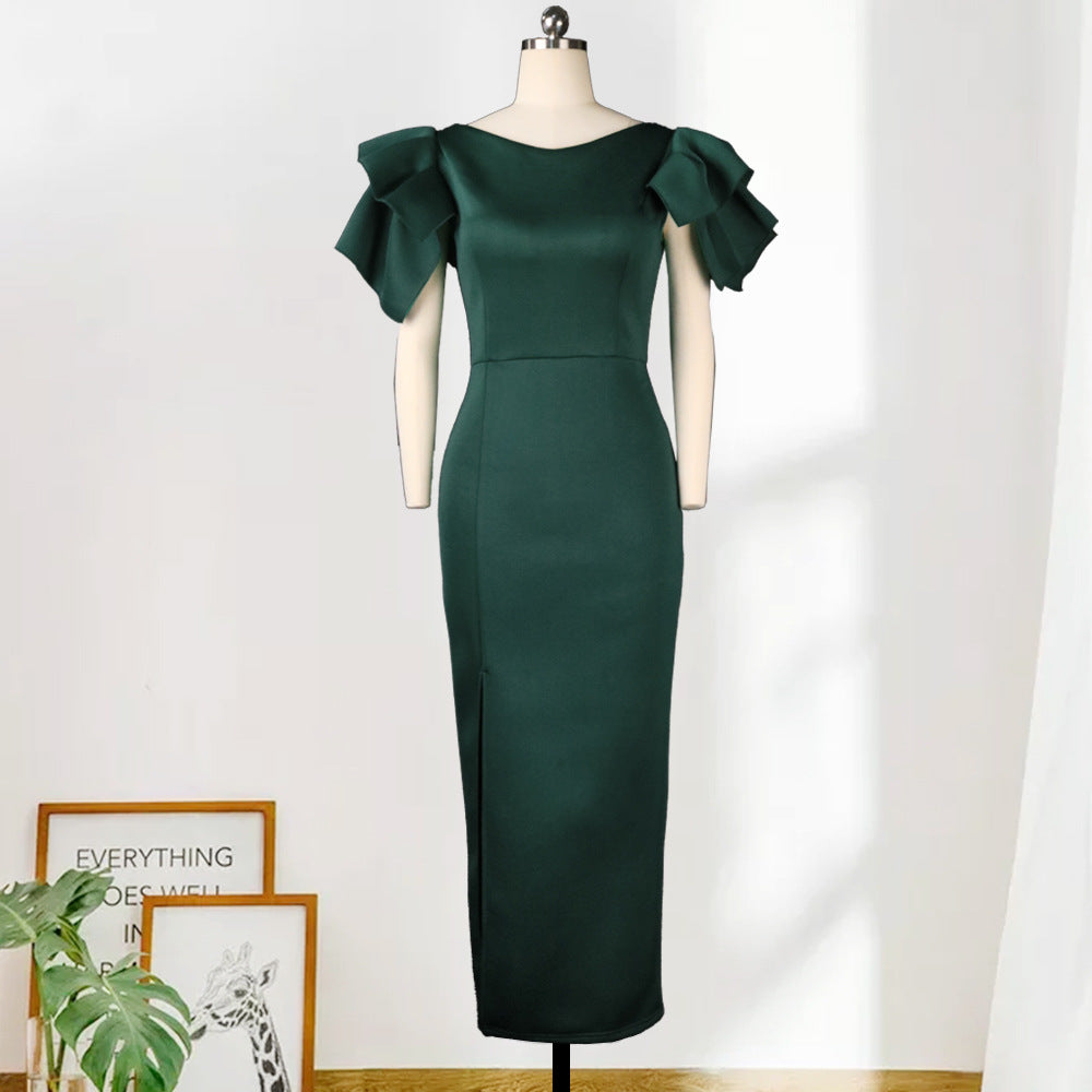 Sexy Ruffled Short Sleeves Women Green Evening Party Dresses