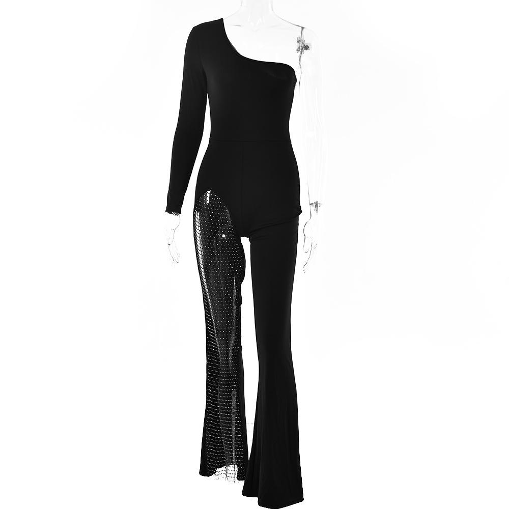 Sexy One Shoulder Tulle Diamond Jumpsuits for Women-Black-S-Free Shipping at meselling99