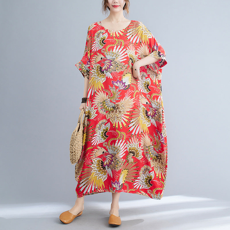 Casual Floral Print Red Plus Sizes Maxi Dresses