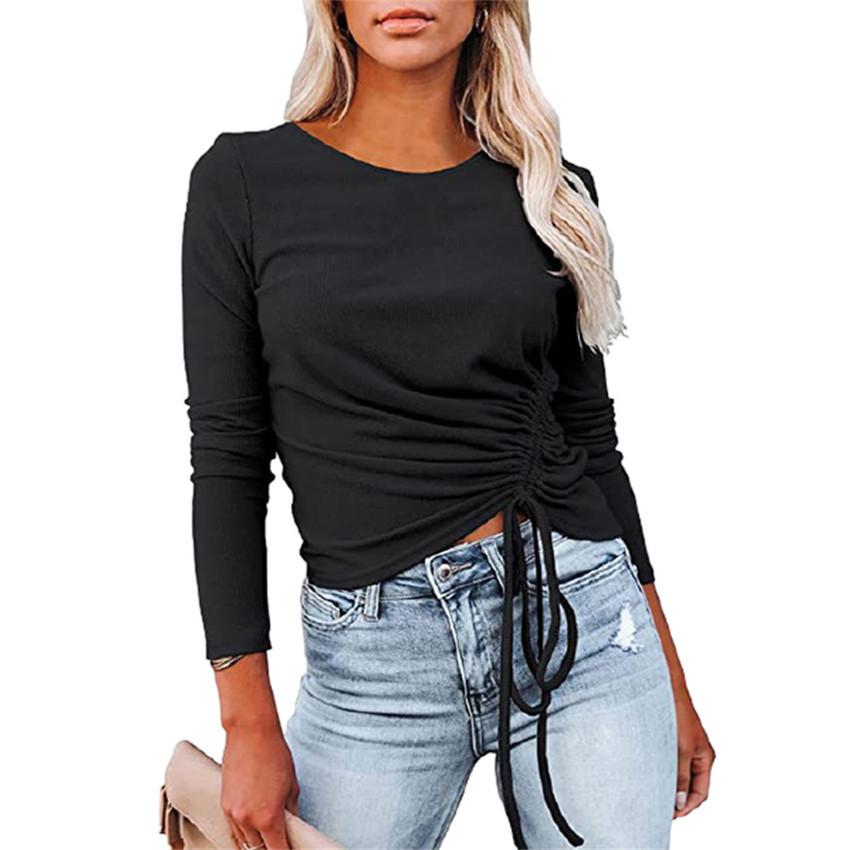 Women Sexy Round Neck Drawstring Long Sleeves T Shirts