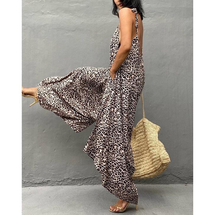 Plus Size Leopard Backless Jumpsuits-STYLEGOING