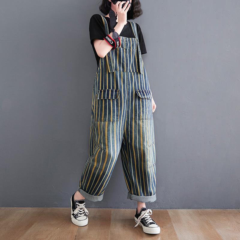 Plus Sizes Striped Pocket Demin Jumpsuits-STYLEGOING