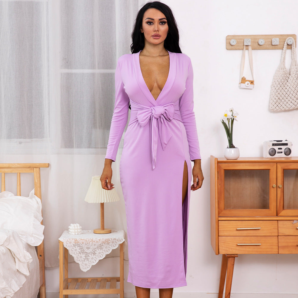 Sexy Light Purple Long Sleeves Split Party Dresses