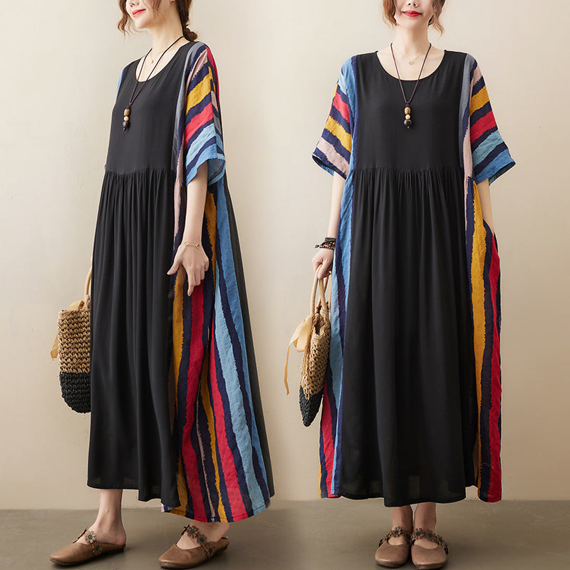 Vintage Striped Short Sleeves Long Cozy Dresses