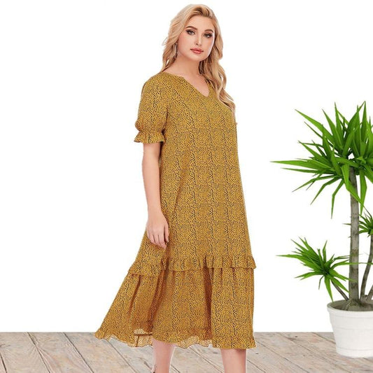 Summer Short Sleeves Loose Yellow Plus Size Dresses-STYLEGOING