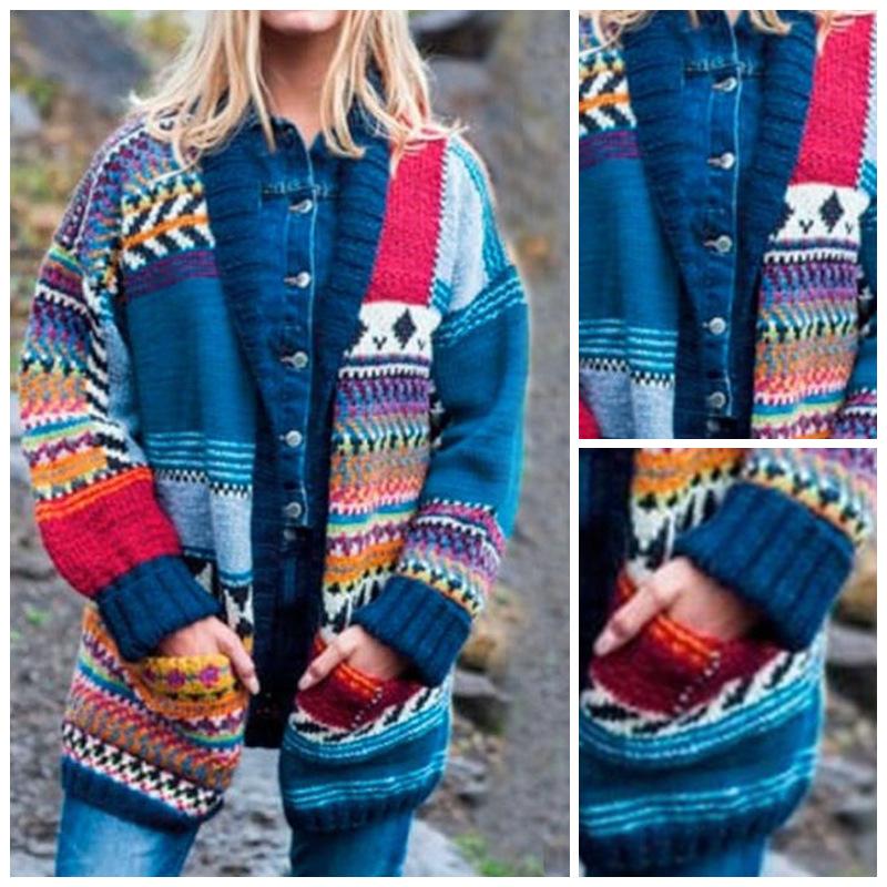 Blue Women Knitting Fall Sweaters with Pocket-STYLEGOING