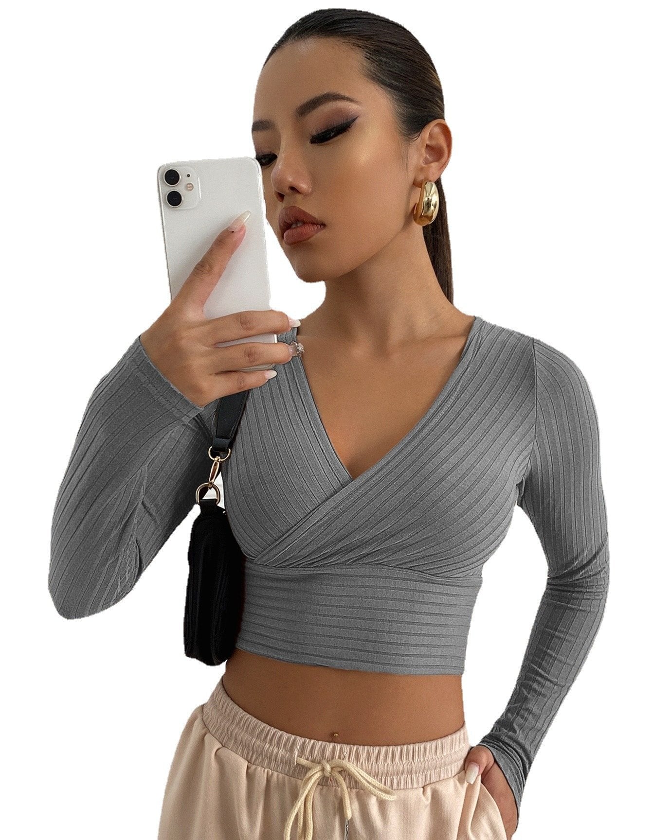 Sexy Deep V Neck Long Sleeves Women Short Tops--Free Shipping at meselling99