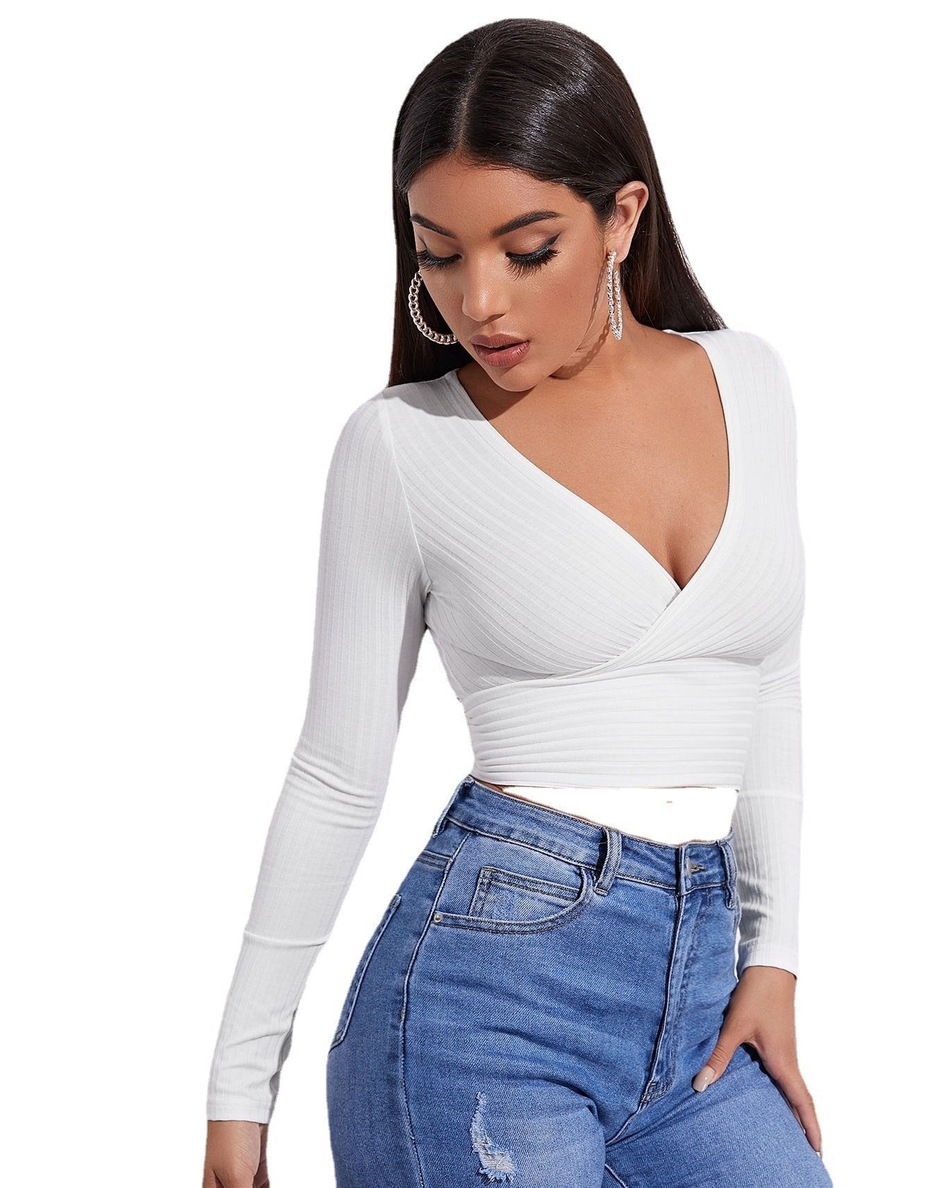 Sexy Deep V Neck Long Sleeves Women Short Tops--Free Shipping at meselling99