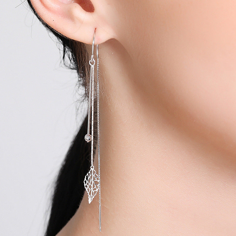 Leaf Design Sterling Sliver Long Tassel Earrings for Women