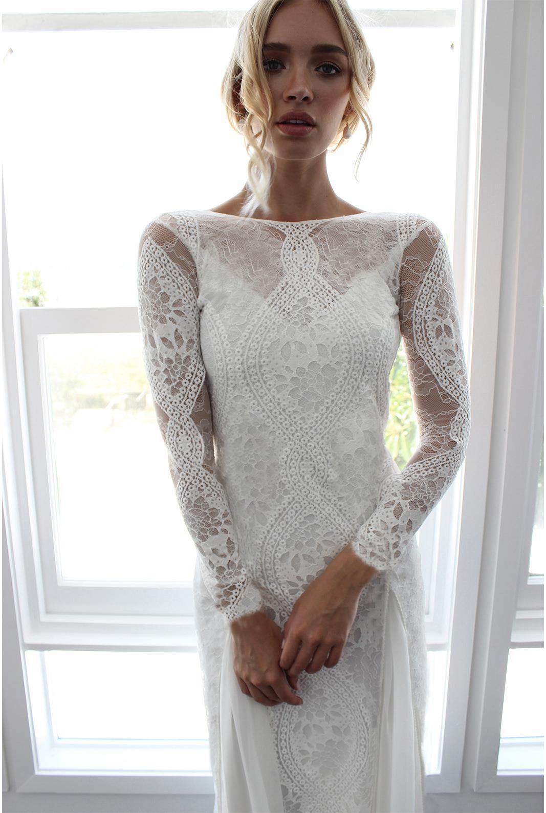 White Sexy Long Sleeves Backless Lace Dresses-STYLEGOING