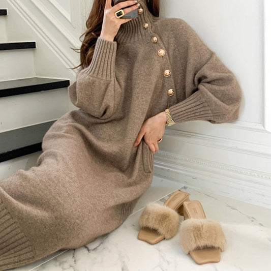 Loose Turtleneck Lace Up Knitted Winter Long Dresses