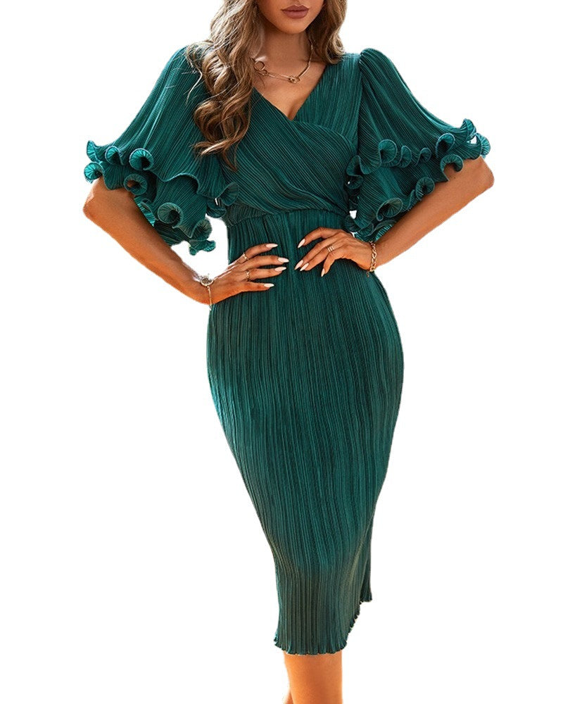 Designed Trumpet Sleeves Green Midi Length Party Dresses