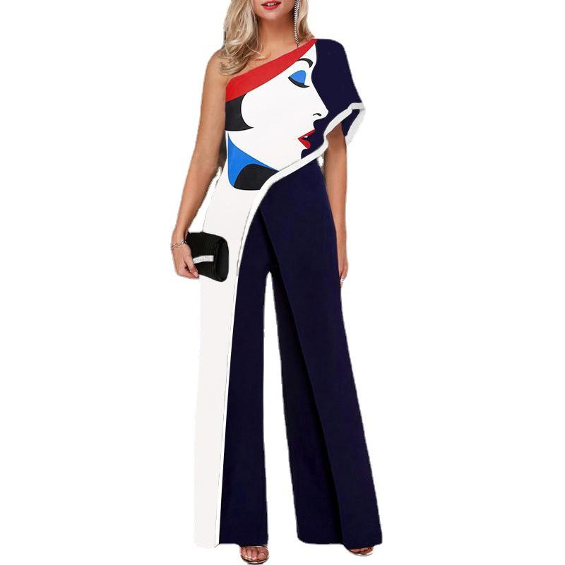 Women Abstract Face One Shoulder Jumsuits-STYLEGOING