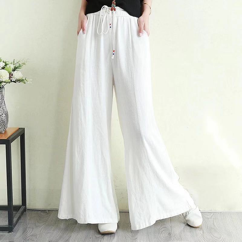 Vintage Linen Elastic Waist Summer Wide Legs Pants for Women