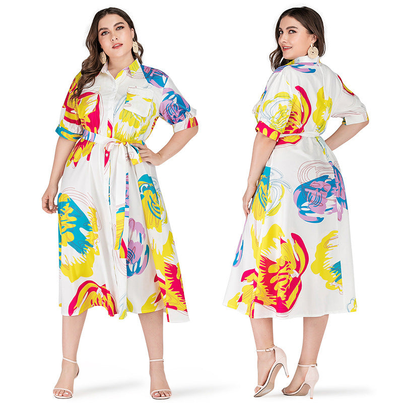 Women Floral Print Midi Plus Sizes Shirts Dresses