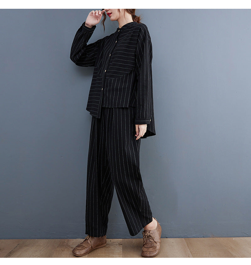Vintage Striped Linen Plus Sizes Two Pieces Suits