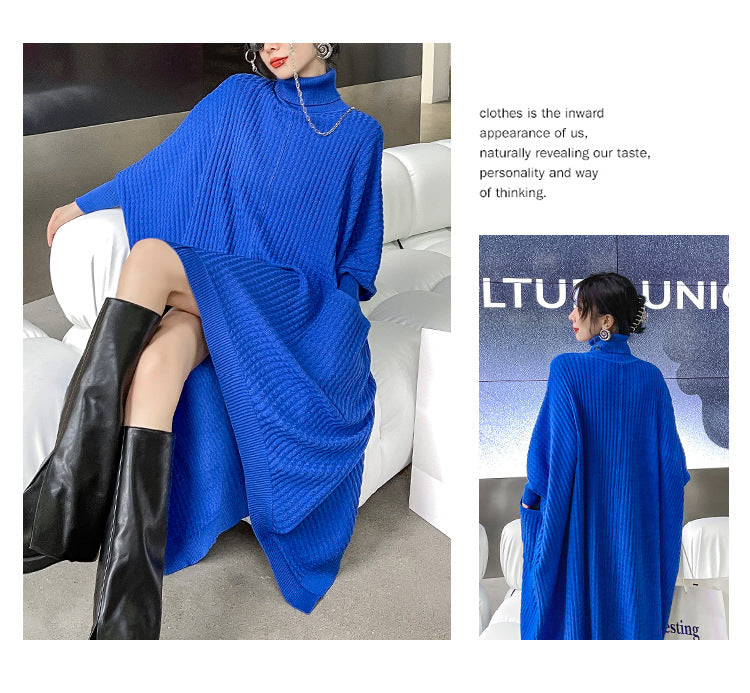 Women High Neck High Low Designed Knitted Long Cozy Dresses