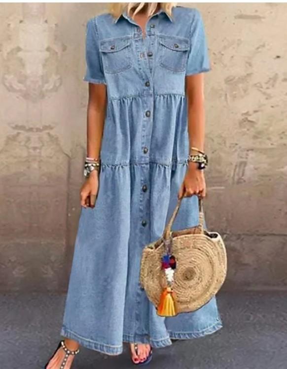 Fashion Demin Style Button Fall Long Dresses-STYLEGOING