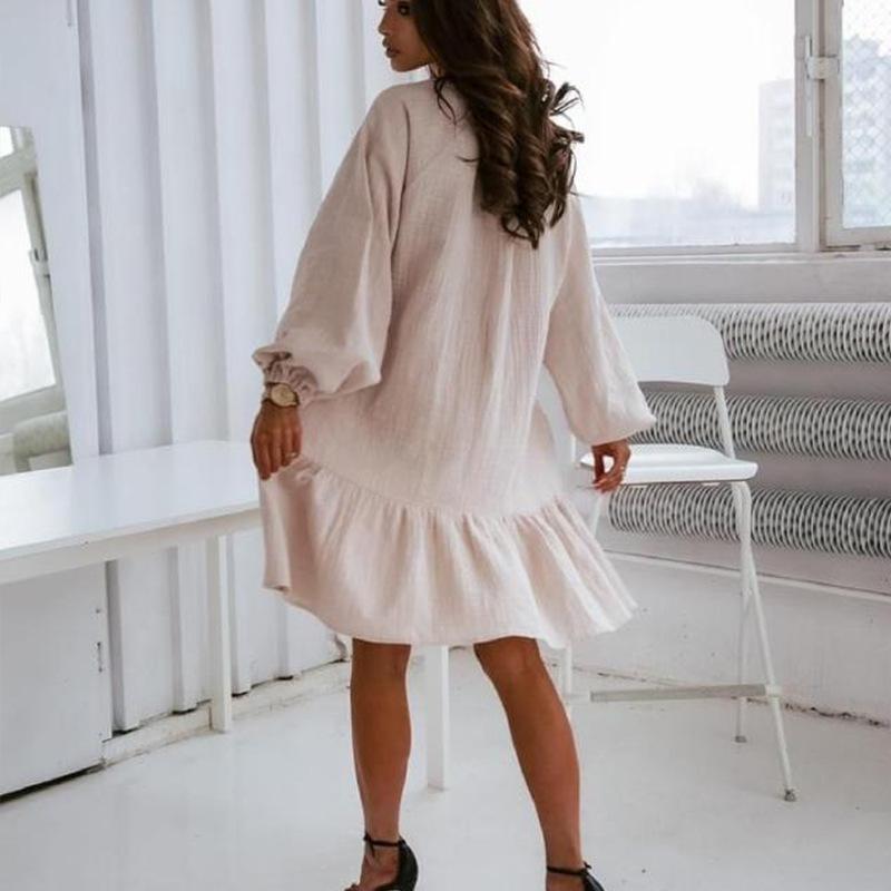 Women Lace Up Linen Long Sleeves Short Dresses-STYLEGOING