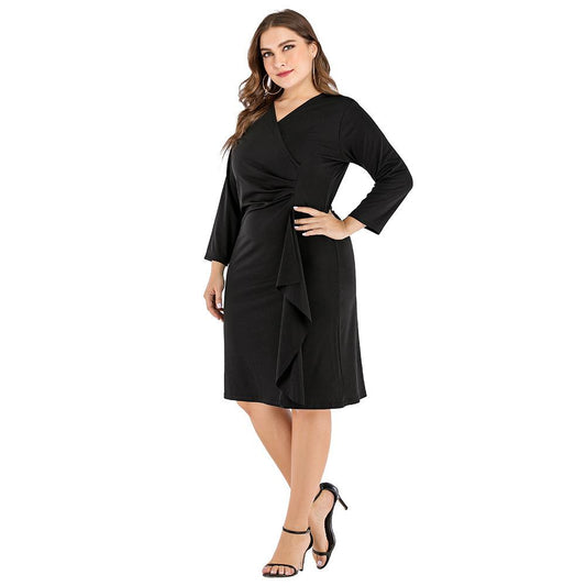 Black Long Sleeves V Neck Plus Sizes Fall Dresses-STYLEGOING