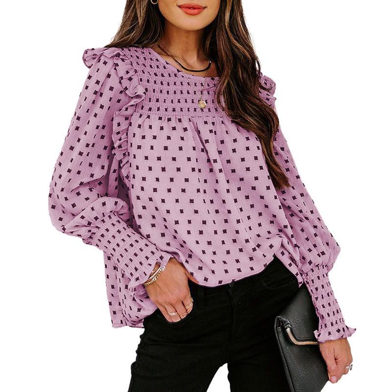 Women Ruffled Dot Print Chiffon Tops Blouses--Free Shipping at meselling99