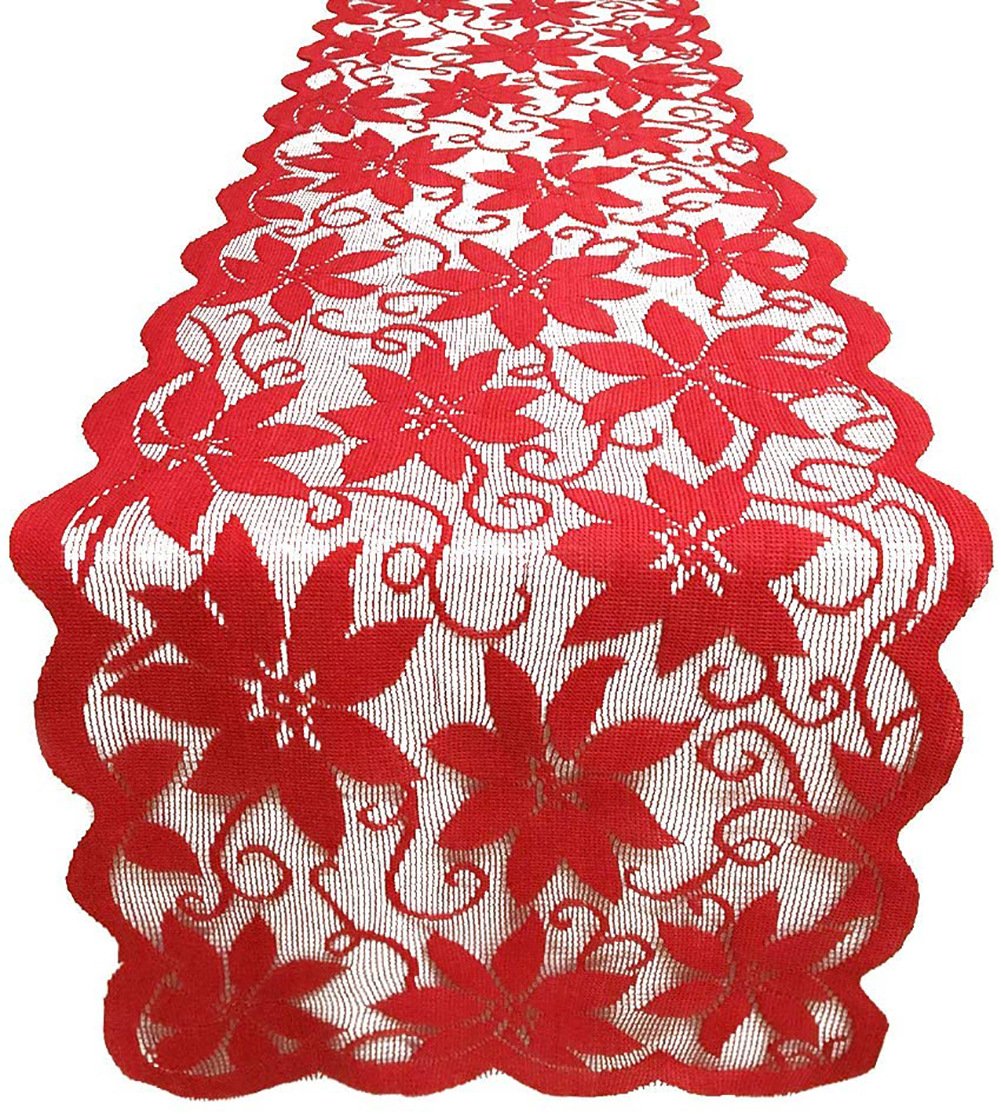 Merry Christmas Red Floral Lace Table Runner