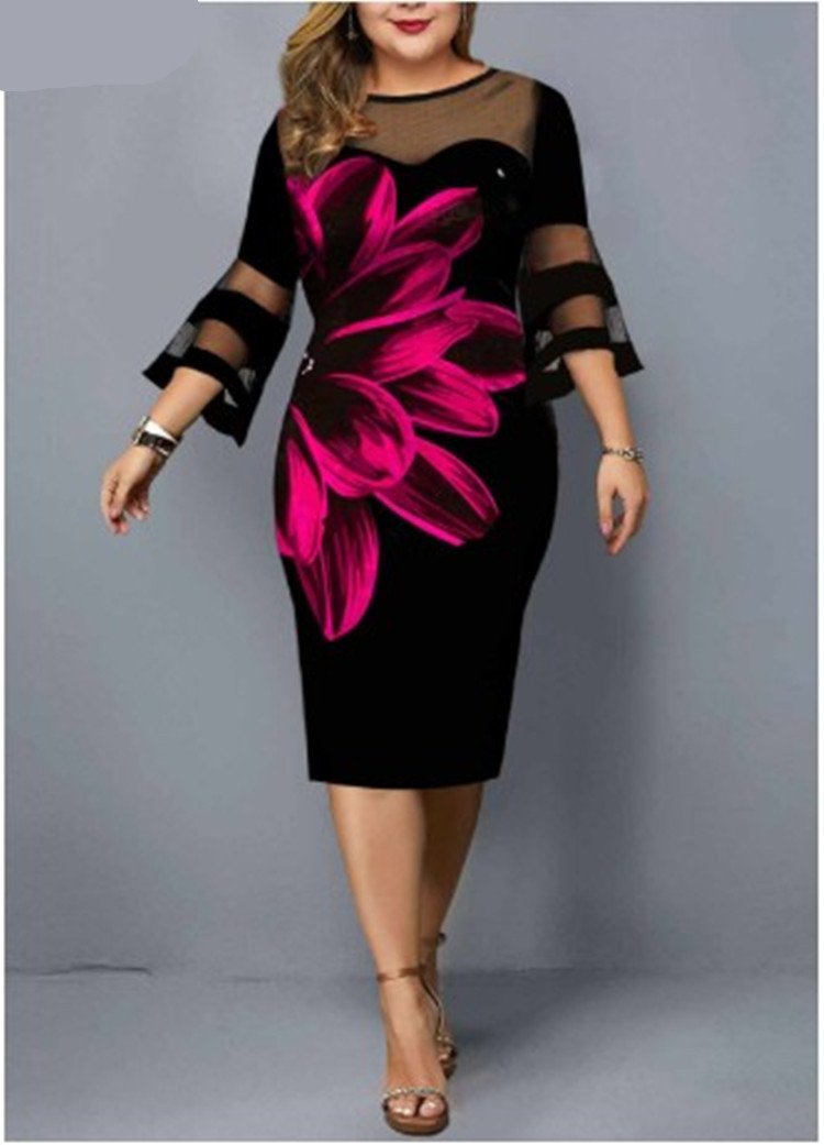 Women Floral Print Plus Sizes Net Fall Dresses