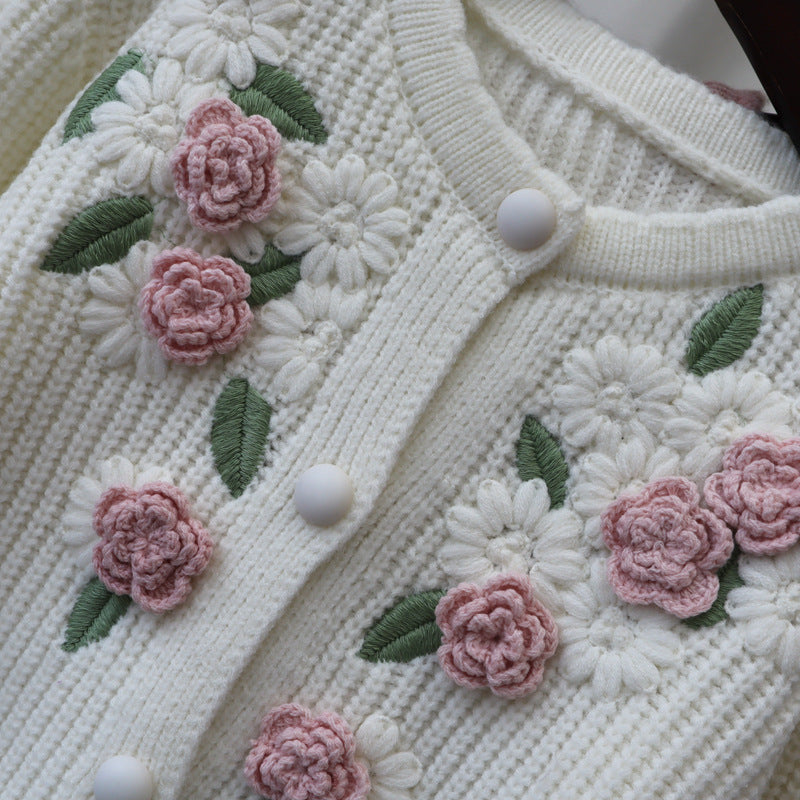 3D Knitting Rose Design Sweetly Knitted Overcoats