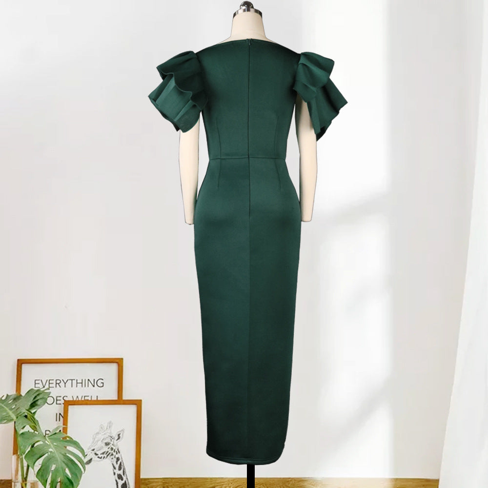 Sexy Ruffled Short Sleeves Women Green Evening Party Dresses