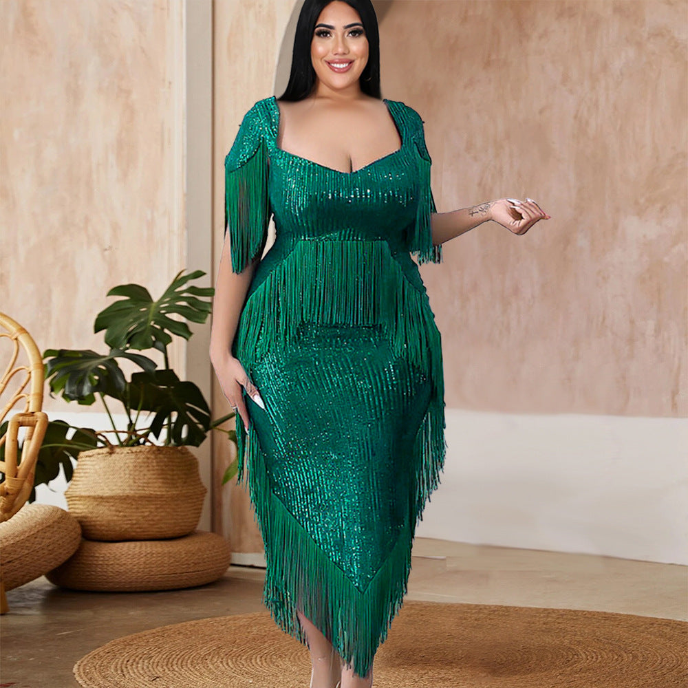 Designed Green Tassels Plus Sizes Party Dresses