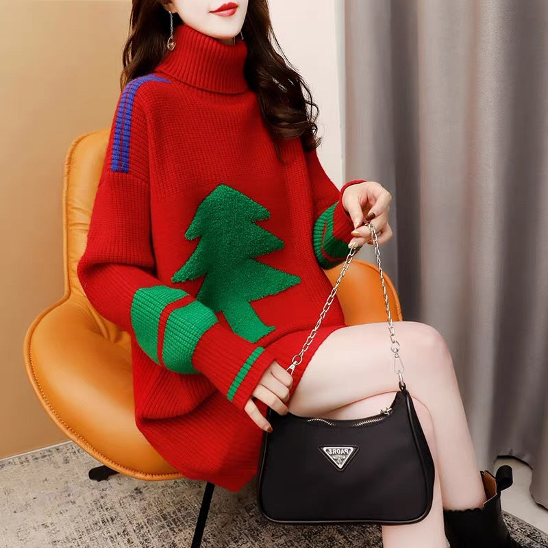 Merry Christmas Turtleneck Tree Design Women Knitting Sweaters