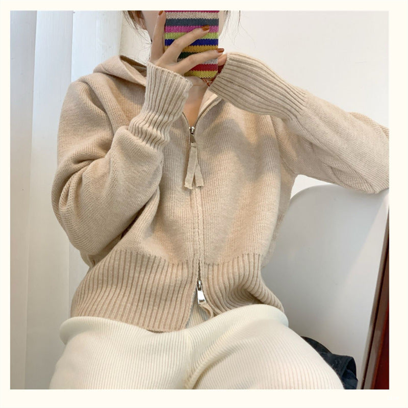 Casual Double Zipper Knitting Hoodies Sweaters