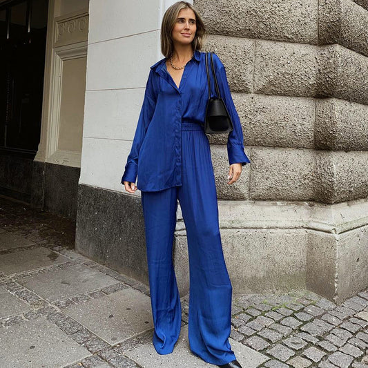 Casual Blue Two Pieces Long Sleeves Shirts and Pants Suits