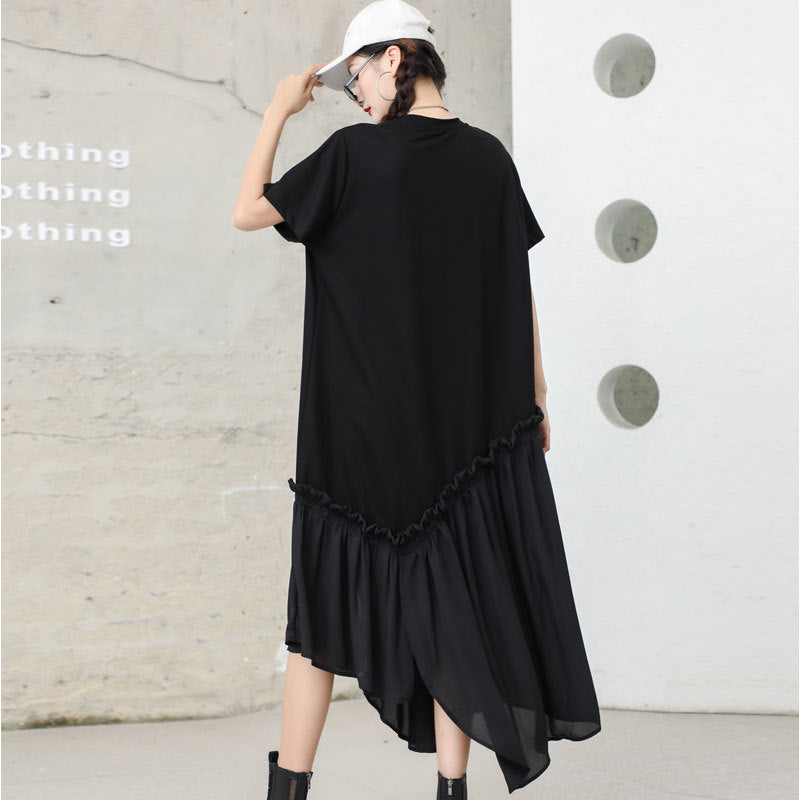 Black Chiffon Irregular Plus Sizes Short Sleeves Dresses