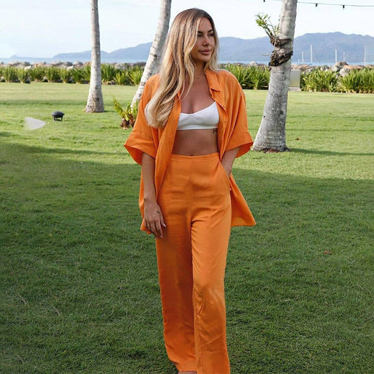 Summer Short Sleeves Orange Shirts and Wide Leg Pants Two Pieces Suits