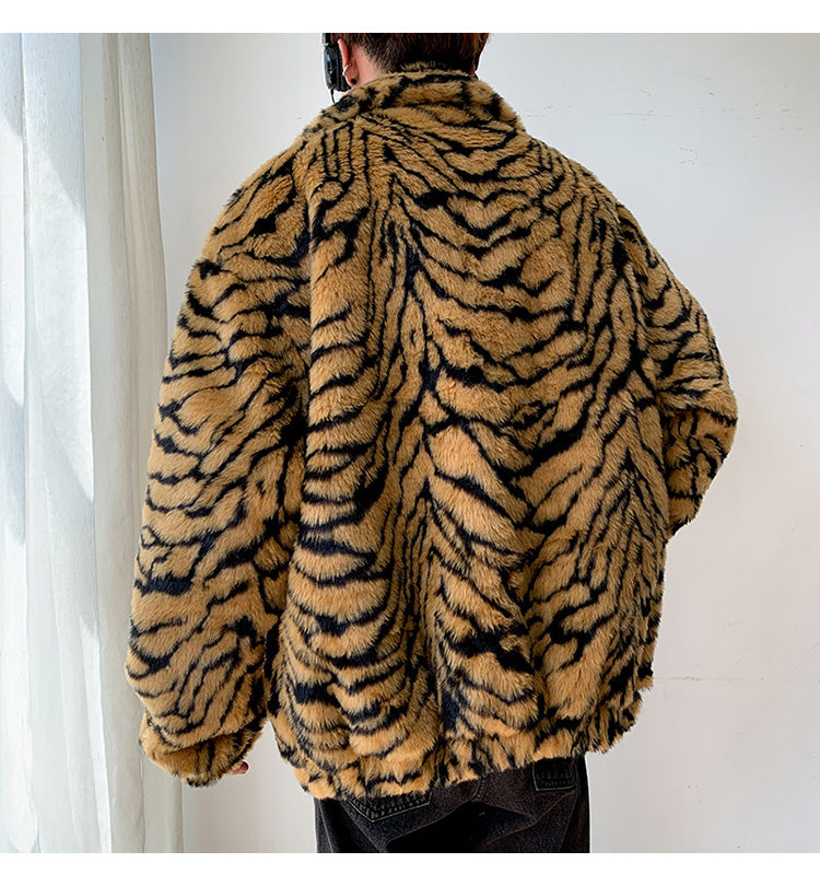 Casual Vintage Artificial Fur Tiger Print Overcoat for Men