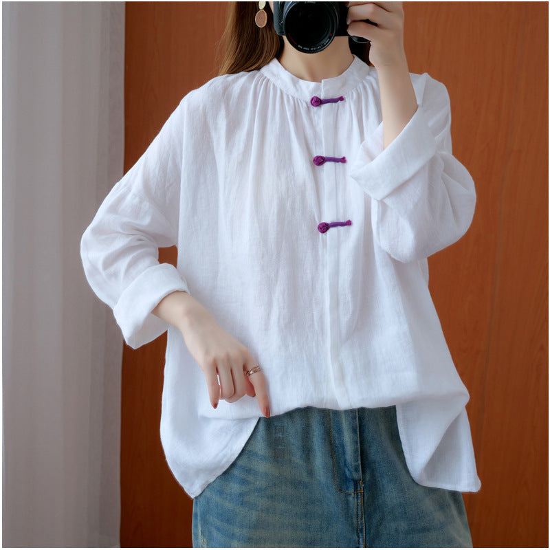 Vintage Linen White Long Sleeves Women Top Shirts