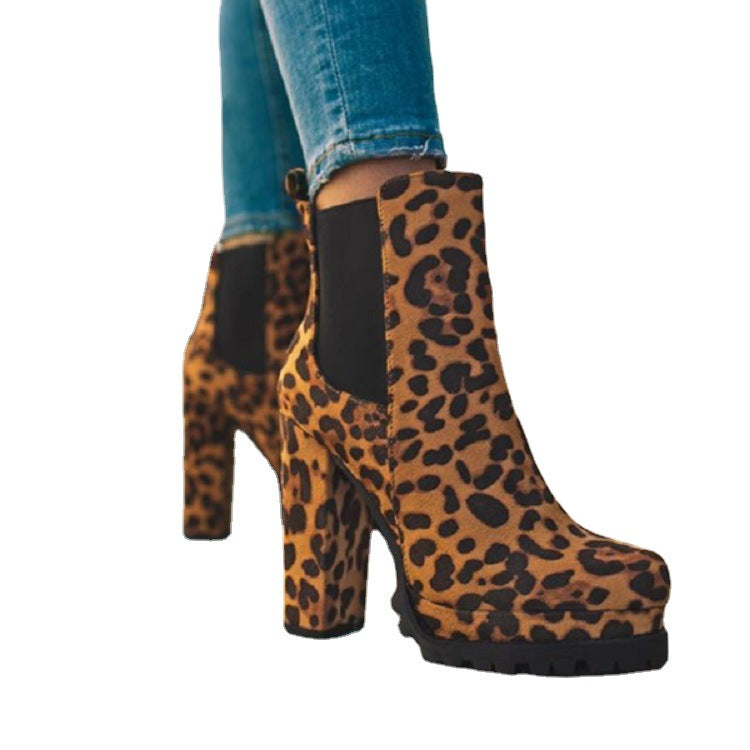 Women Sexy Leopard Print Platform Chunky High Heel Boots