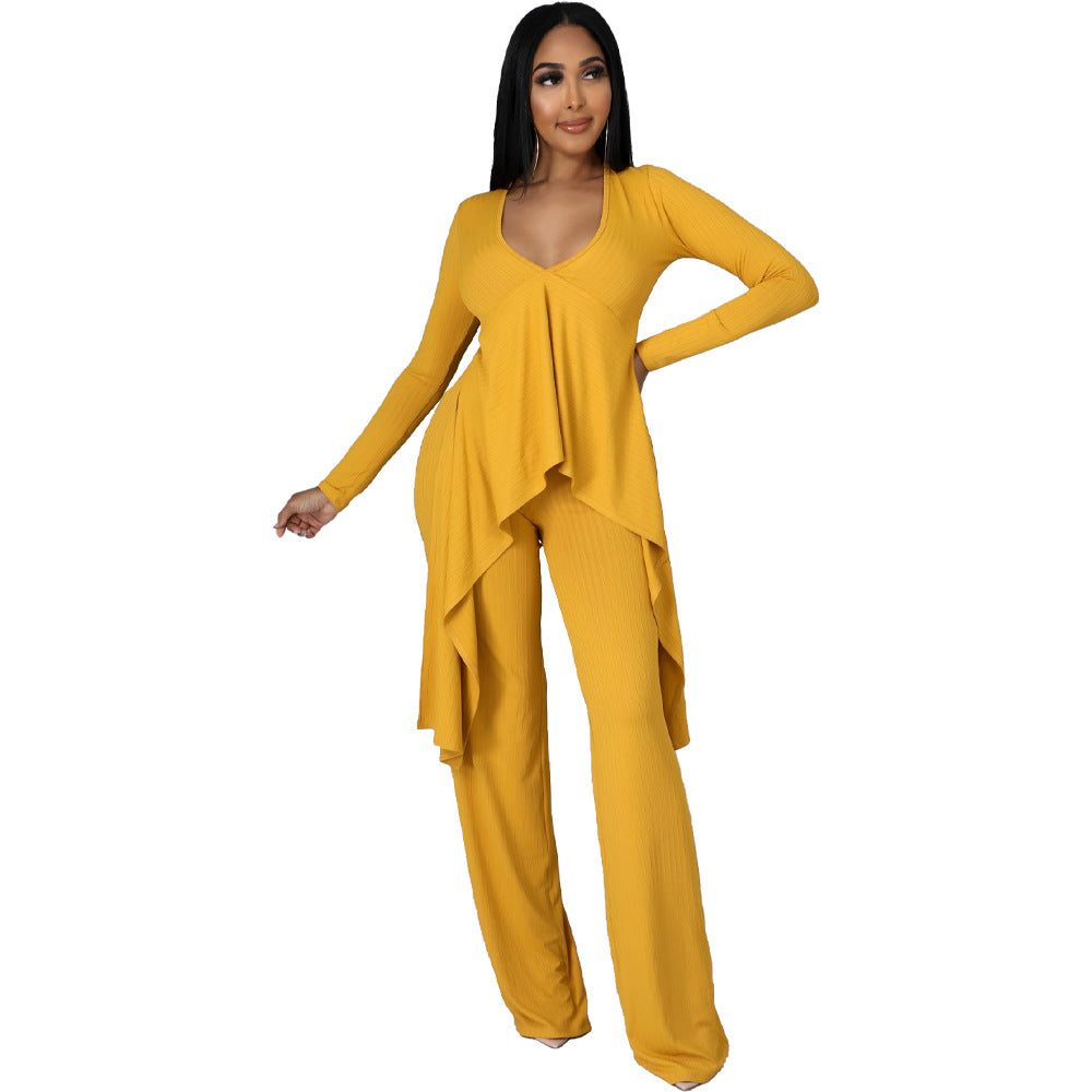 Sexy Long Sleeves Irregular Tops and Pants Set for Women