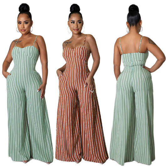 Sexy Backless Striped Wide Legs Jumpsuits