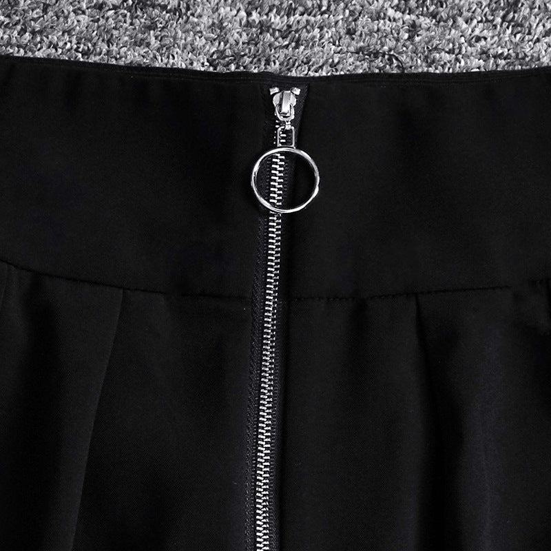 Black High Waist Designed Zipper Women Wide Leg Pants