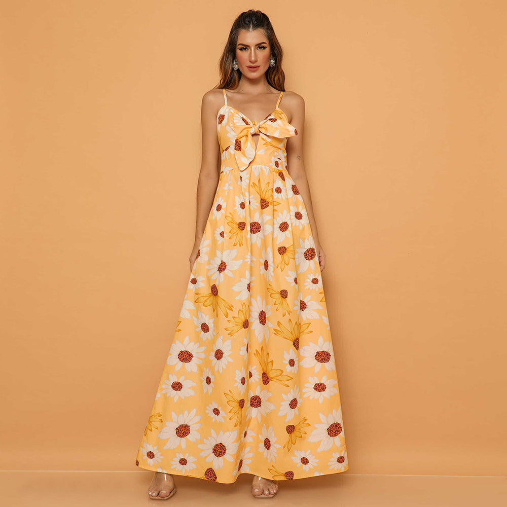 Women Summer High Waist Sunflower Long Maxi Dresses