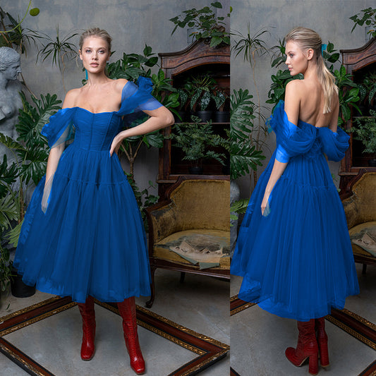 Blue Off The Shoulder Tulle Princess Dresses