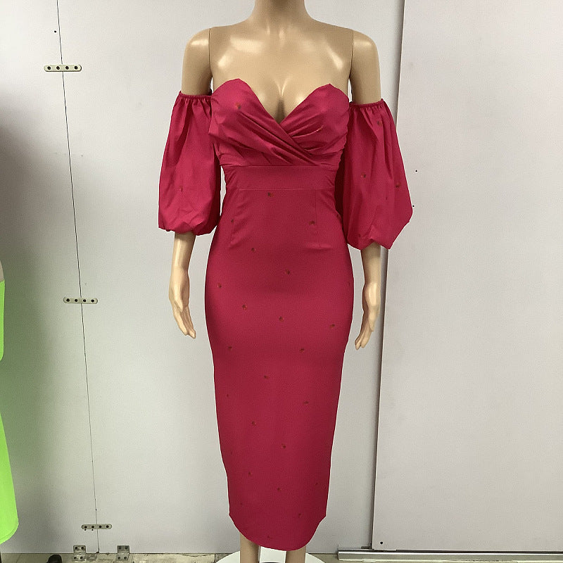 Sexy Strapless High Waist Puff Sleeves Strawberry Dresses